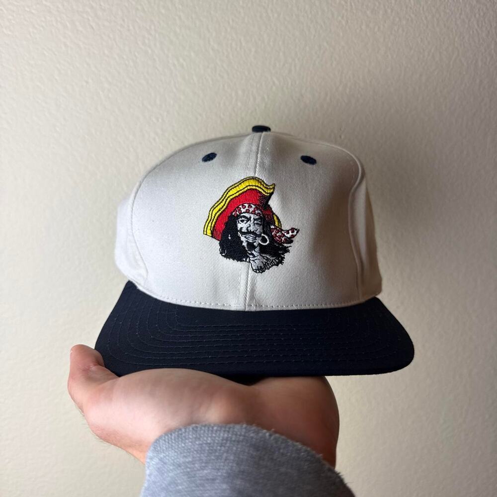 Vintage Captain Morgan Snapback Cap with Embroidered Pirate in Black & Off White
